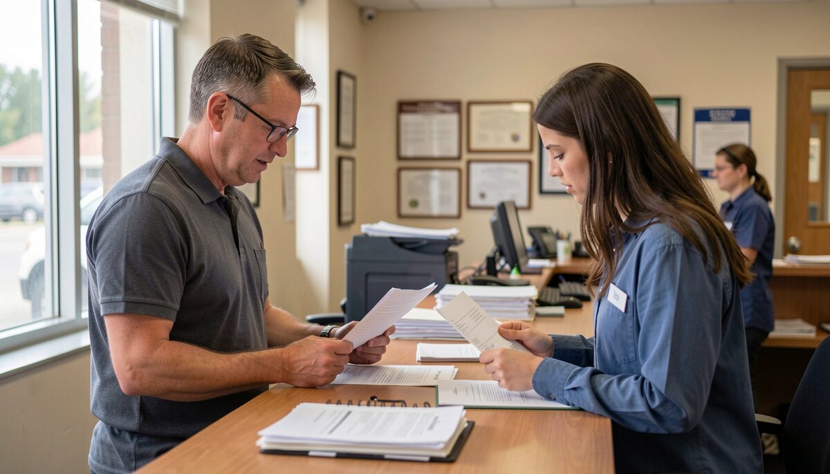 A father and a caseworker review papers at a county office counter, a queue ticket in the father's hand.