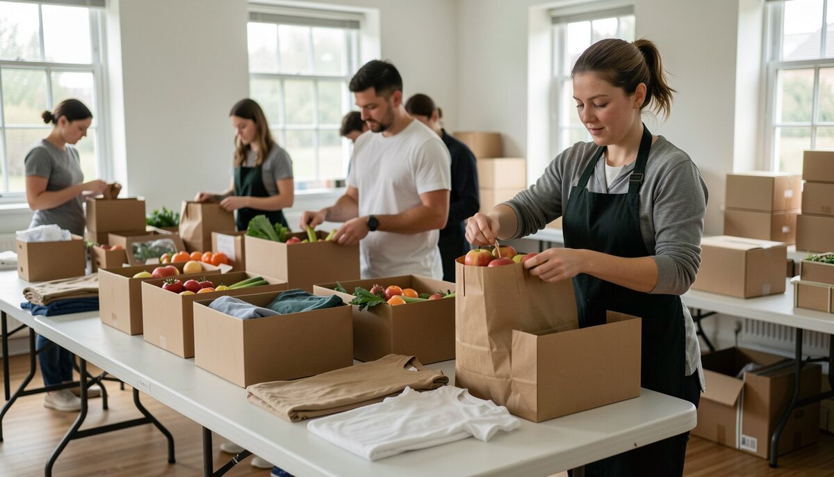 Volunteers sort boxes of canned goods and baby formula on long tables in a community hall while two women fill bags nearby.