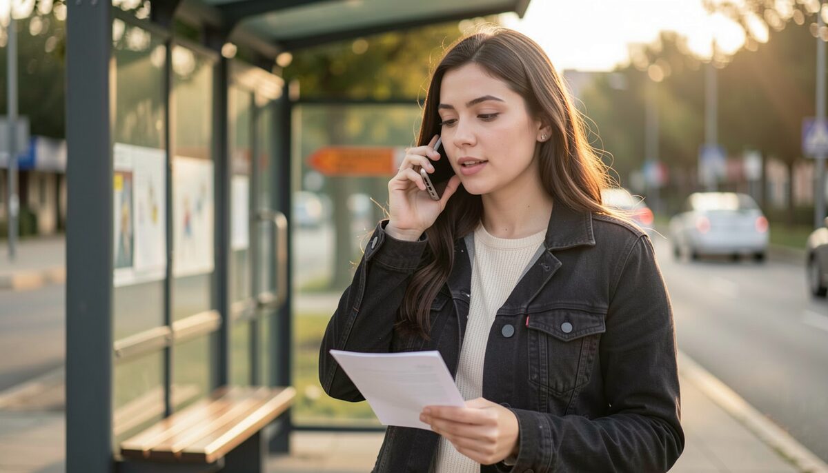 A woman speaks on a mobile phone at a bus stop in the late afternoon, a folded letter in her other hand.