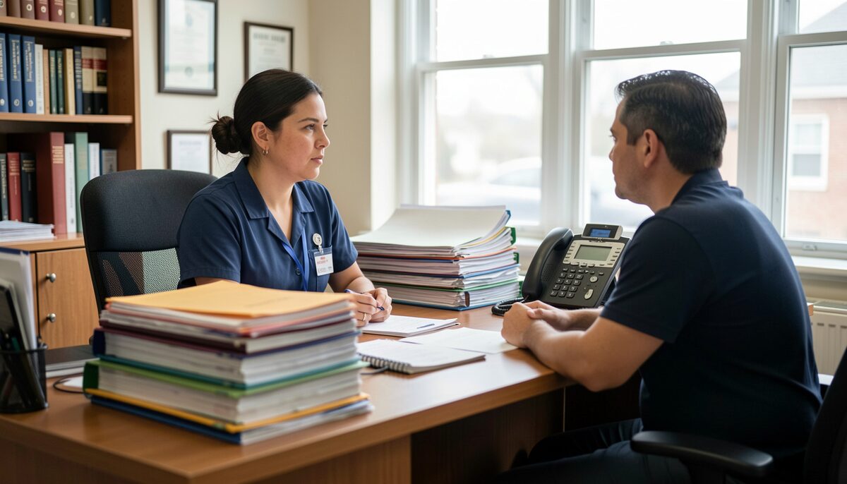 A paralegal and a client talk across a desk stacked with folders in a legal aid office, a phone blinking beside them.
