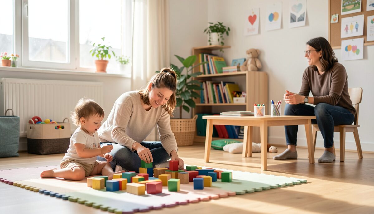 A parent and a toddler play with blocks on a mat in a bright community room while an adviser talks with another parent at a low table.