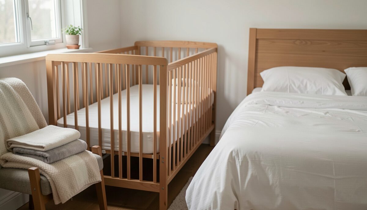 A bare crib with a fitted sheet stands beside an adult bed in a small bedroom, a folded blanket on a chair nearby.