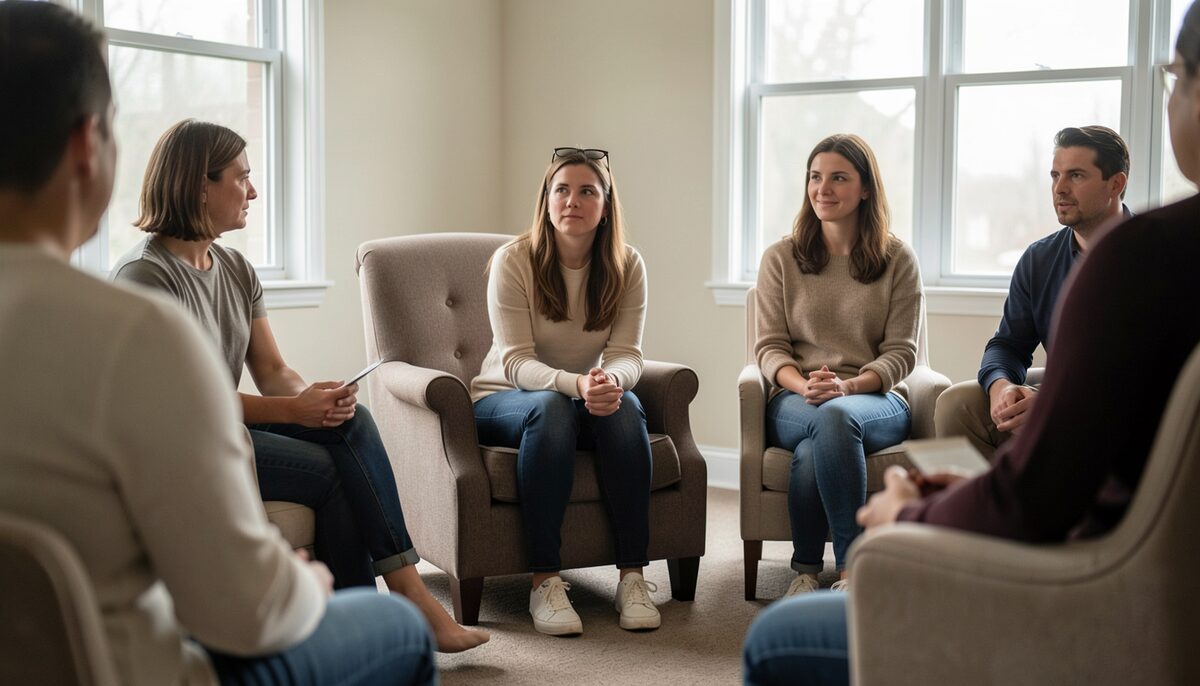 A woman sits in an armchair in a support group circle of five people, hands folded, listening to someone out of frame.
