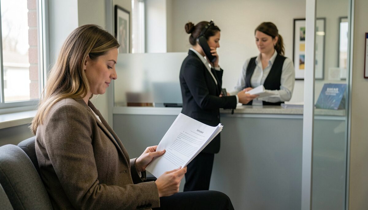 A woman in a waiting room reads a stapled handout while a receptionist answers a phone at a glass partition behind her.
