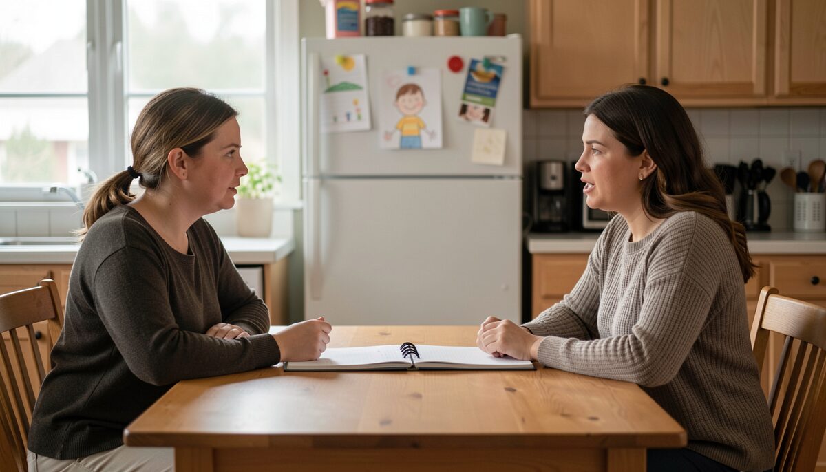 Two women sit at a kitchen table with a notebook between them, one listening while the other speaks, a small child's drawing on the fridge behind.