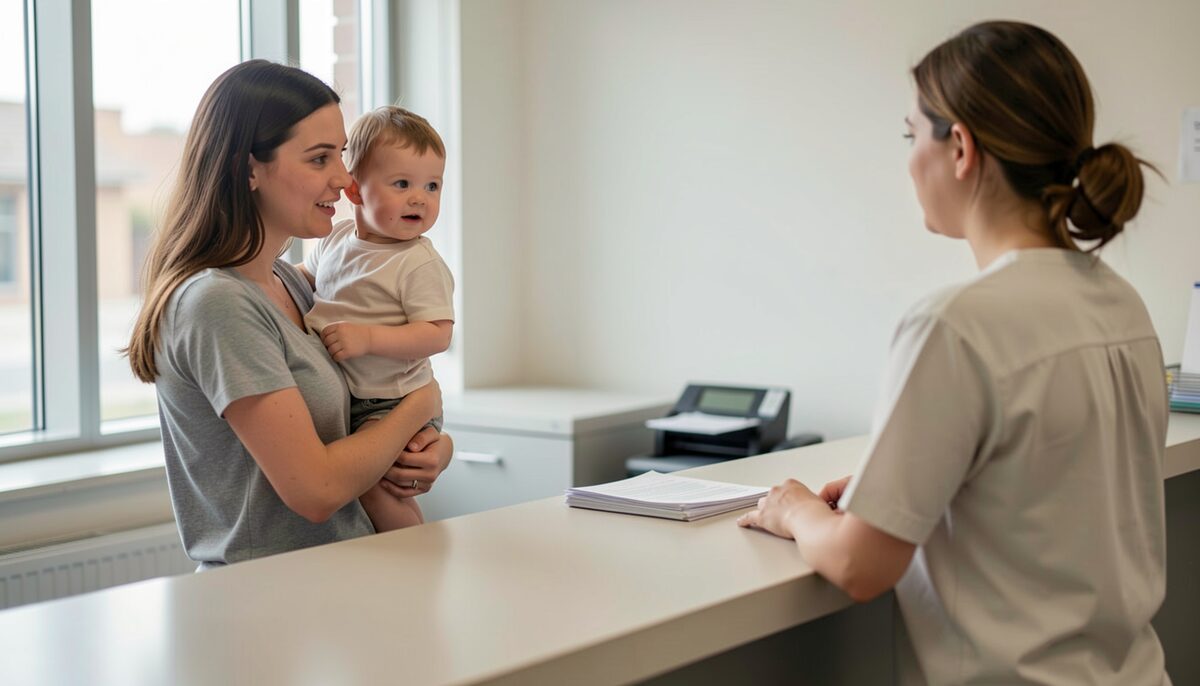 A young mother with a toddler on her hip speaks with a nutrition aide at a WIC counter while another staff member sorts papers.
